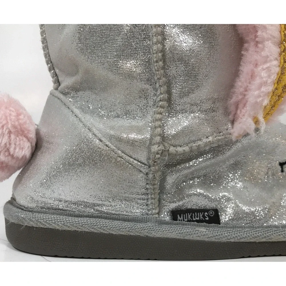 Muk Luks Zoo Babies Faux Fur Bunny‎ Rabbit Girls Boots Silver Sparkle Size 13